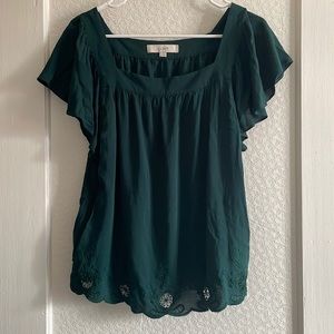 LOFT Square Neck Flutter Sleeves Lace Trim Blouse